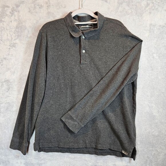 Eddie Bauer Mens L Gray Long Sleeve Polo Shirt 100% Cotton casual Dad office - Picture 1 of 12